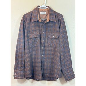 Vintage Windbreaker Brand Wool Blend Cream & Blue Plaid Button Up Men's Shirt XL
